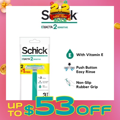 SCHICK Exacta 2 Sensitive Razor (Non-Slip Rubber Grip + with Push Button for Easy Rinse) 3s