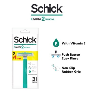 SCHICK Exacta 2 Sensitive Razor (Non-Slip Rubber Grip + with Push Button for Easy Rinse) 3s