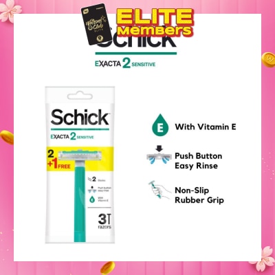 SCHICK Exacta 2 Sensitive Razor (Non-Slip Rubber Grip + with Push Button for Easy Rinse) 3s