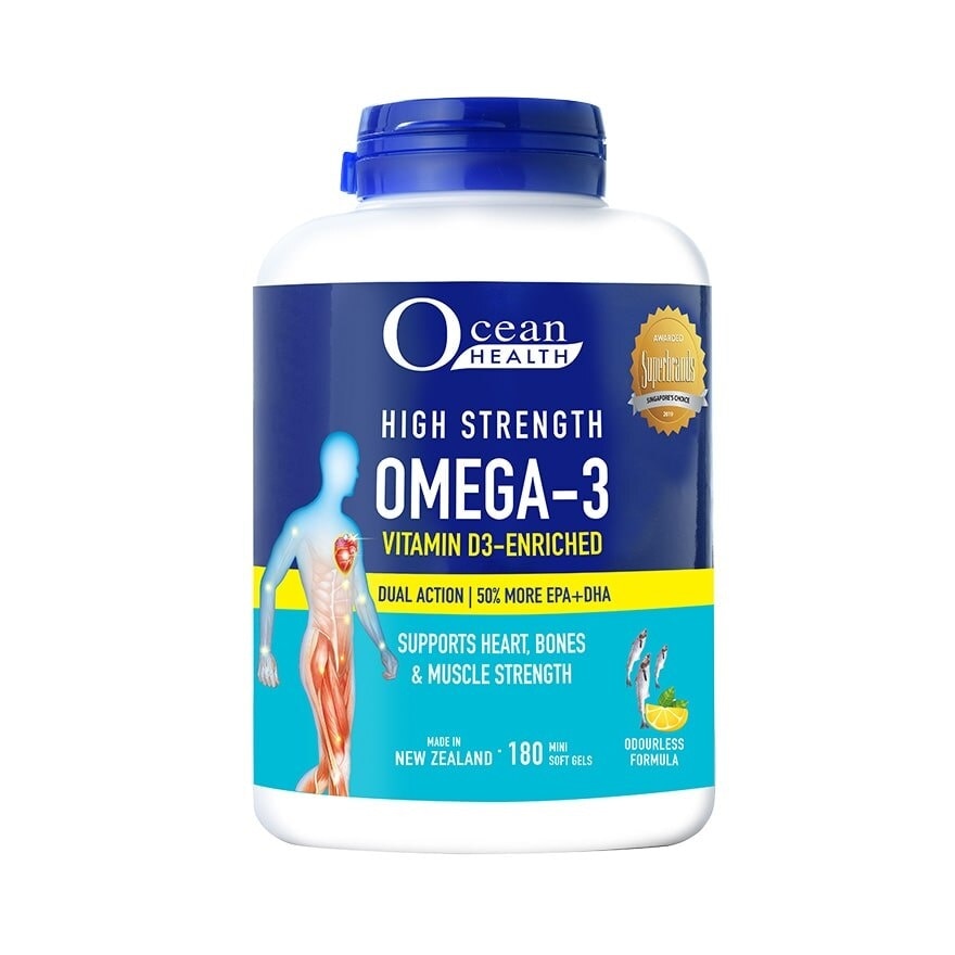 High Strength Omega-3 Vitamin D3-Enriched Mini Softgel (For Heart, Bones & Muscle Strength + Odourless + Mini Odourless Soft Gel + Halal) 180s