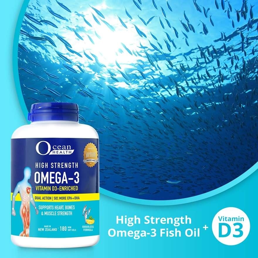 High Strength Omega-3 Vitamin D3-Enriched Mini Softgel (For Heart, Bones & Muscle Strength + Odourless + Mini Odourless Soft Gel + Halal) 180s