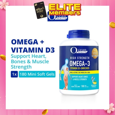 OCEAN HEALTH High Strength Omega-3 Vitamin D3-Enriched Mini Softgel (For Heart, Bones & Muscle Strength + Odourless + Mini Odourless Soft Gel + Halal) 180s