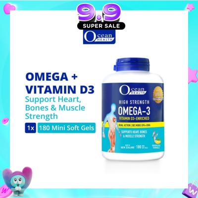 OCEAN HEALTH - High Strength Omega-3 Vitamin D3-Enriched Mini Softgel (For Heart, Bones & Muscle Strength + Odourless + Mini Odourless Soft Gel + Halal) 180s image