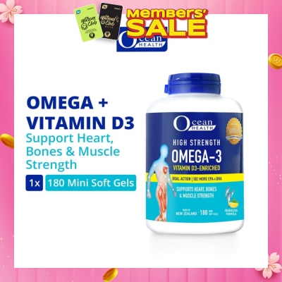 OCEAN HEALTH High Strength Omega-3 Vitamin D3-Enriched Mini Softgel (For Heart, Bones & Muscle Strength + Odourless + Mini Odourless Soft Gel + Halal) 180s