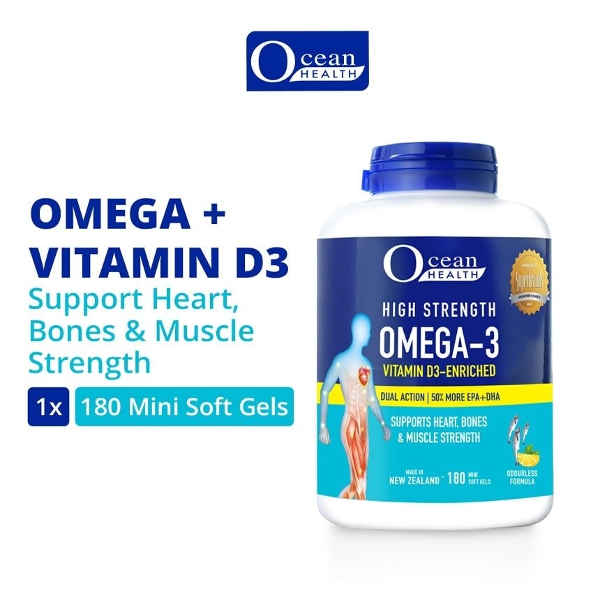 High Strength Omega-3 Vitamin D3-Enriched Mini Softgel (For Heart, Bones & Muscle Strength + Odourless + Mini Odourless Soft Gel + Halal) 180s