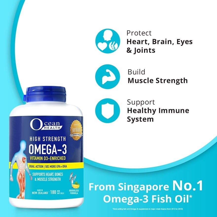 High Strength Omega-3 Vitamin D3-Enriched Mini Softgel (For Heart, Bones & Muscle Strength + Odourless + Mini Odourless Soft Gel + Halal) 180s