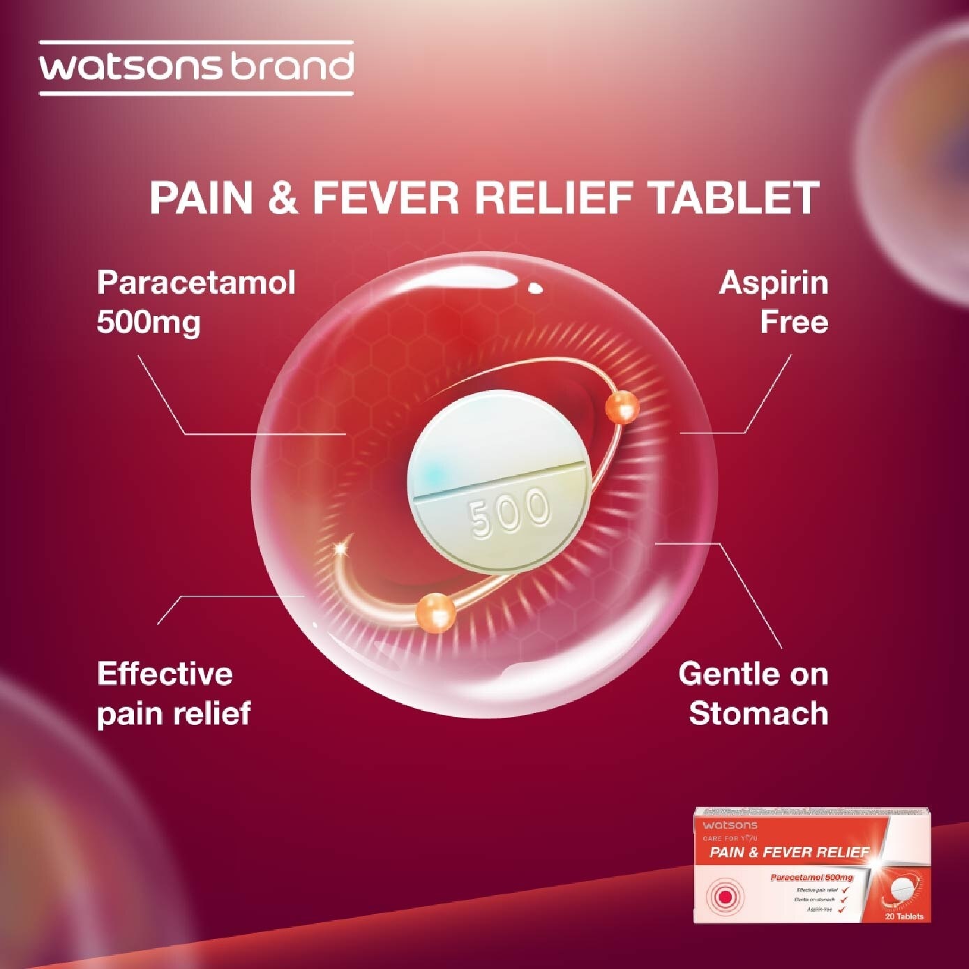 Pain & Fever Relief Paracetamol 500mg (Effective Pain Relief, Gentle On Stomach) Tablets 20s