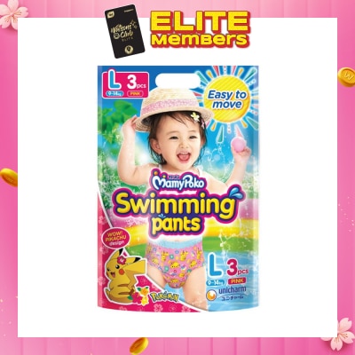 MAMYPOKO Swimming Pants Size L for Girl Pink Pikachu (Does Not Swell in Water + Prevent Stool Leak) 3s (Expiry: Apr`2026)