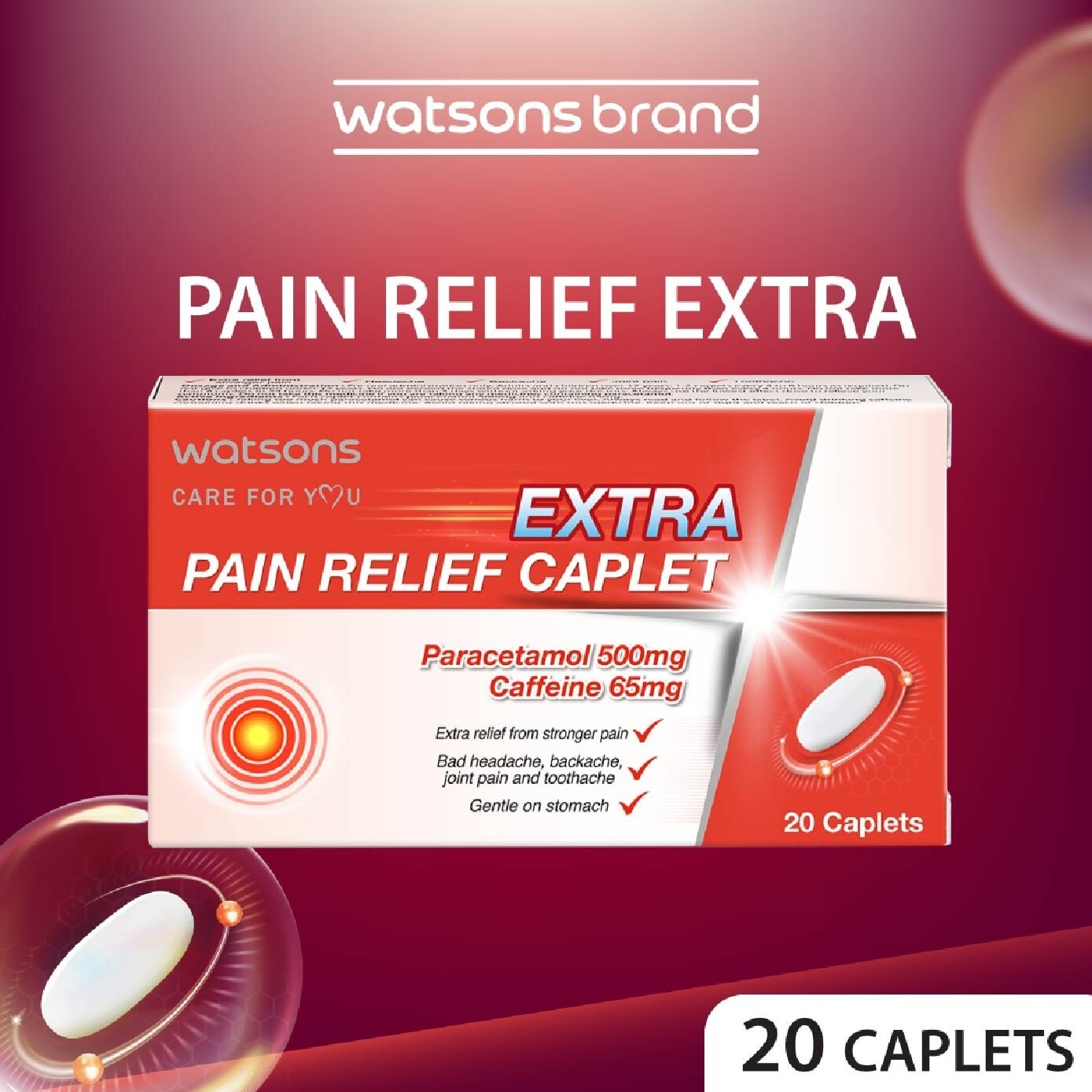 Extra Pain Relief Caplet Paracetamol 500Mg, Cafffeine 65mg (Extra Relief From Stronger Pain) Caplets 20s