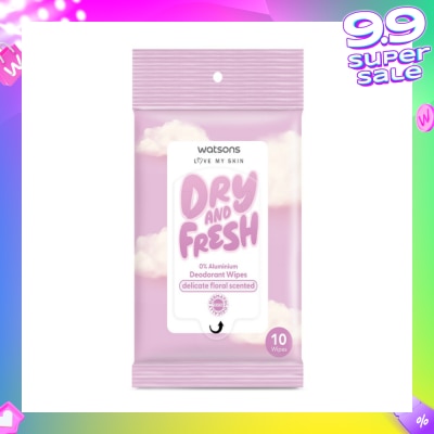 WATSONS Dry And Fresh Deodorant Wipes Delicate Floral Scented (0% Aluminium, Dermatologically Tested) 10s