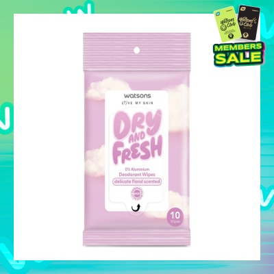 WATSONS Dry And Fresh Deodorant Wipes Delicate Floral Scented (0% Aluminium, Dermatologically Tested) 10s