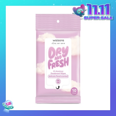 WATSONS Dry And Fresh Deodorant Wipes Delicate Floral Scented (0% Aluminium, Dermatologically Tested) 10s