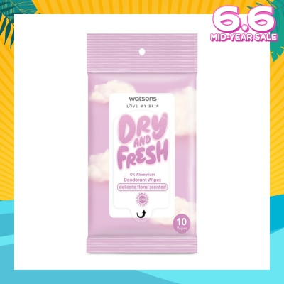 WATSONS Dry And Fresh Deodorant Wipes Delicate Floral Scented (0% Aluminium, Dermatologically Tested) 10s