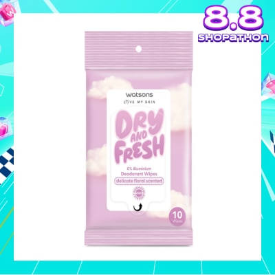 WATSONS Dry And Fresh Deodorant Wipes Delicate Floral Scented (0% Aluminium, Dermatologically Tested) 10s