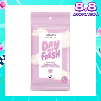 WATSONS Dry And Fresh Deodorant Wipes Delicate Floral Scented (0% Aluminium, Dermatologically Tested) 10s