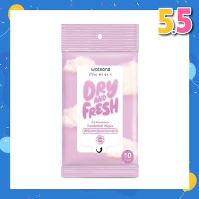 WATSONS Dry And Fresh Deodorant Wipes Delicate Floral Scented (0% Aluminium, Dermatologically Tested) 10s