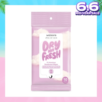 WATSONS Dry And Fresh Deodorant Wipes Delicate Floral Scented (0% Aluminium, Dermatologically Tested) 10s