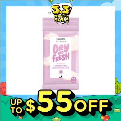 WATSONS Dry And Fresh Deodorant Wipes Delicate Floral Scented (0% Aluminium, Dermatologically Tested) 10s