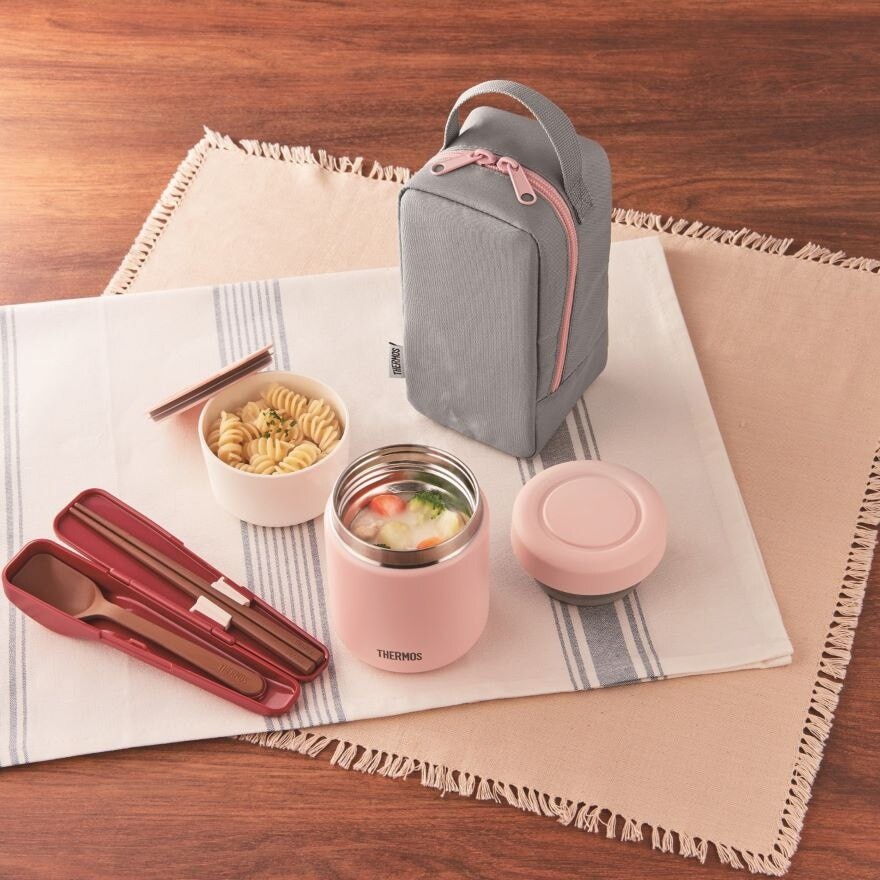 JBY-551 Lunch Set consists Food Jar 300ml + Microwave-Safe Container 250ml + Carrier Bag Pink-Gray 1s