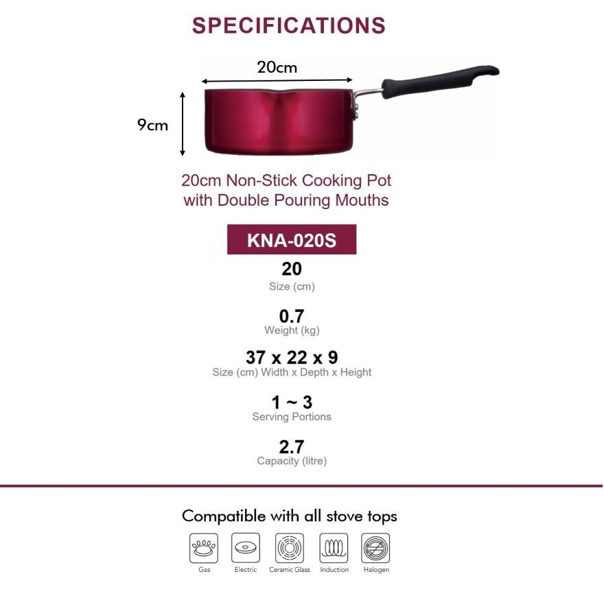 KNA-020S 20cm Non-Stick Cooking Pot with Double Pouring Mouths (durable PTFE Non-Stick Coating; PFOS/PFOA-free and SGS approved) 2.7L