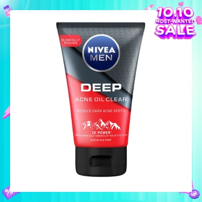 NIVEA Men Deep Rapid Acne Oil Control Detox Mud Scrub (Helps Reduce Dark Acne Spots) 100g