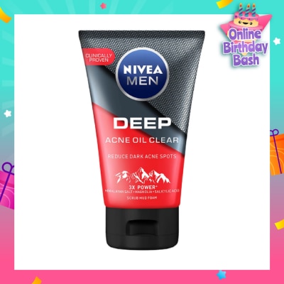 NIVEA Men Deep Rapid Acne Oil Control Detox Mud Scrub (Helps Reduce Dark Acne Spots) 100g
