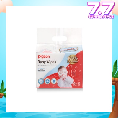 PIGEON Baby Wipes 100% Pure Water (Suitable for All Skin Types & Sensitive Skin) 80s x 6 Pack