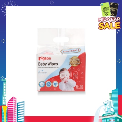 PIGEON Baby Wipes 100% Pure Water (Suitable for All Skin Types & Sensitive Skin) 80s x 6 Pack