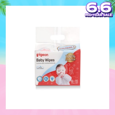 PIGEON Baby Wipes 100% Pure Water (Suitable for All Skin Types & Sensitive Skin) 80s x 6 Pack