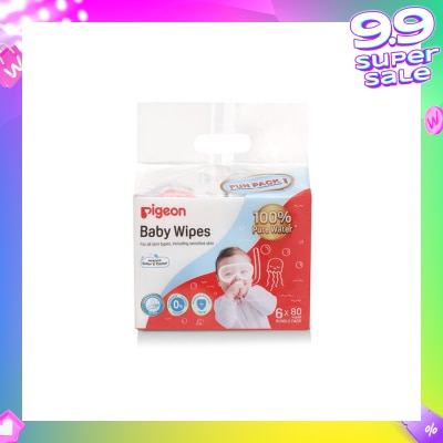 PIGEON Baby Wipes 100% Pure Water (Suitable for All Skin Types & Sensitive Skin) 80s x 6 Pack