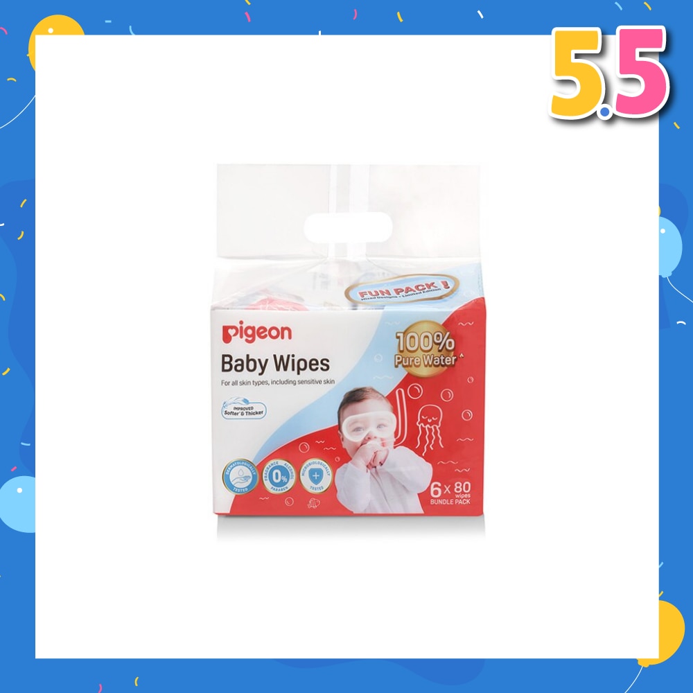 Baby Wipes 100% Pure Water (Suitable for All Skin Types & Sensitive Skin) 80s x 6 Pack