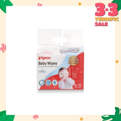 PIGEON Baby Wipes 100% Pure Water (Suitable for All Skin Types & Sensitive Skin) 80s x 6 Pack