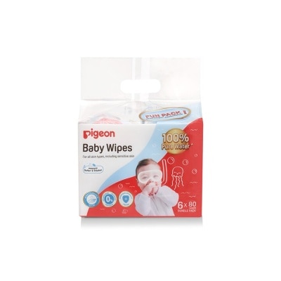 PIGEON Baby Wipes 100% Pure Water (Suitable for All Skin Types & Sensitive Skin) 80s x 6 Pack