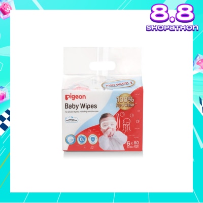 PIGEON Baby Wipes 100% Pure Water (Suitable for All Skin Types & Sensitive Skin) 80s x 6 Pack