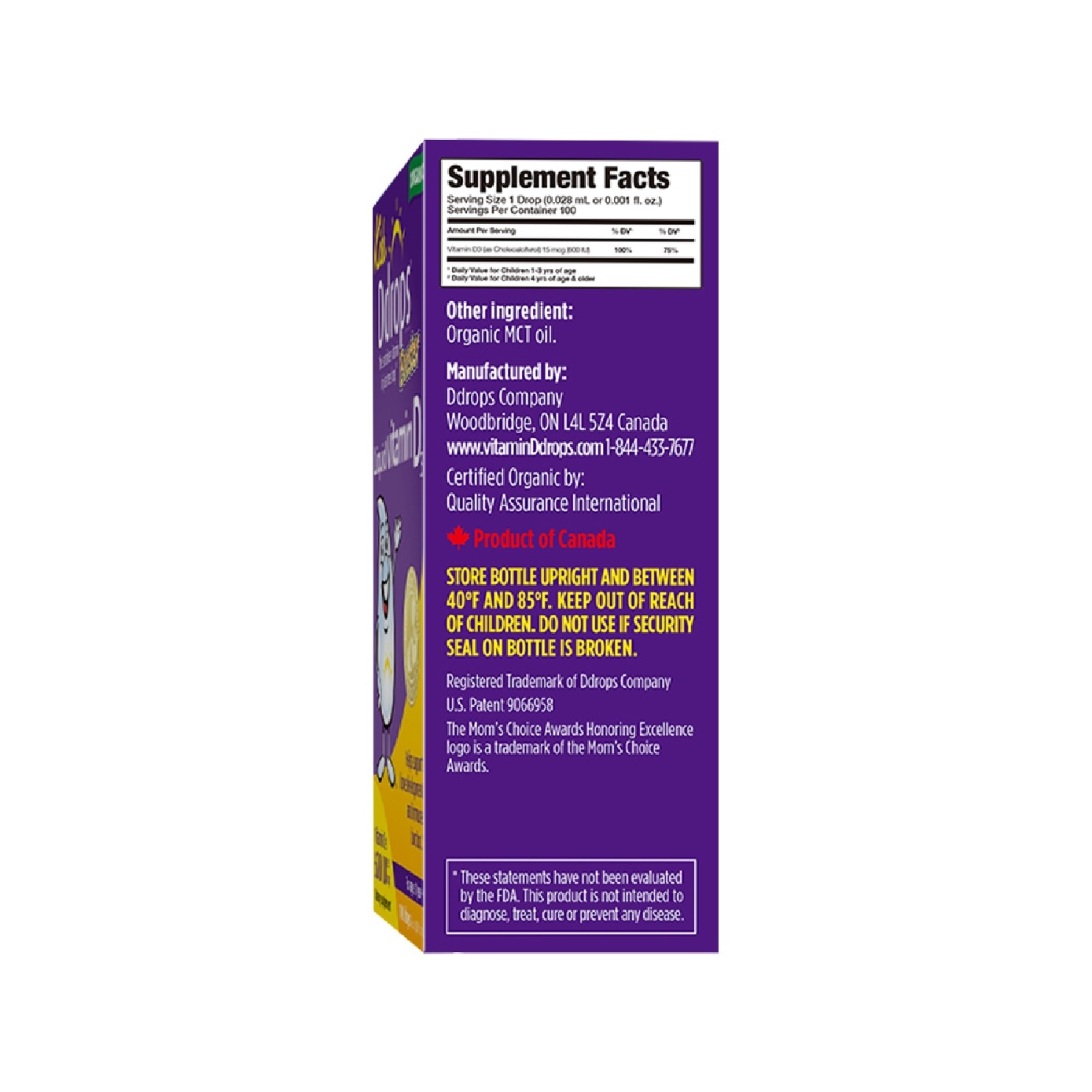 Organic Kids Vitamin D3 Booster Liquid 600 IU 100 Drops 2.8ml