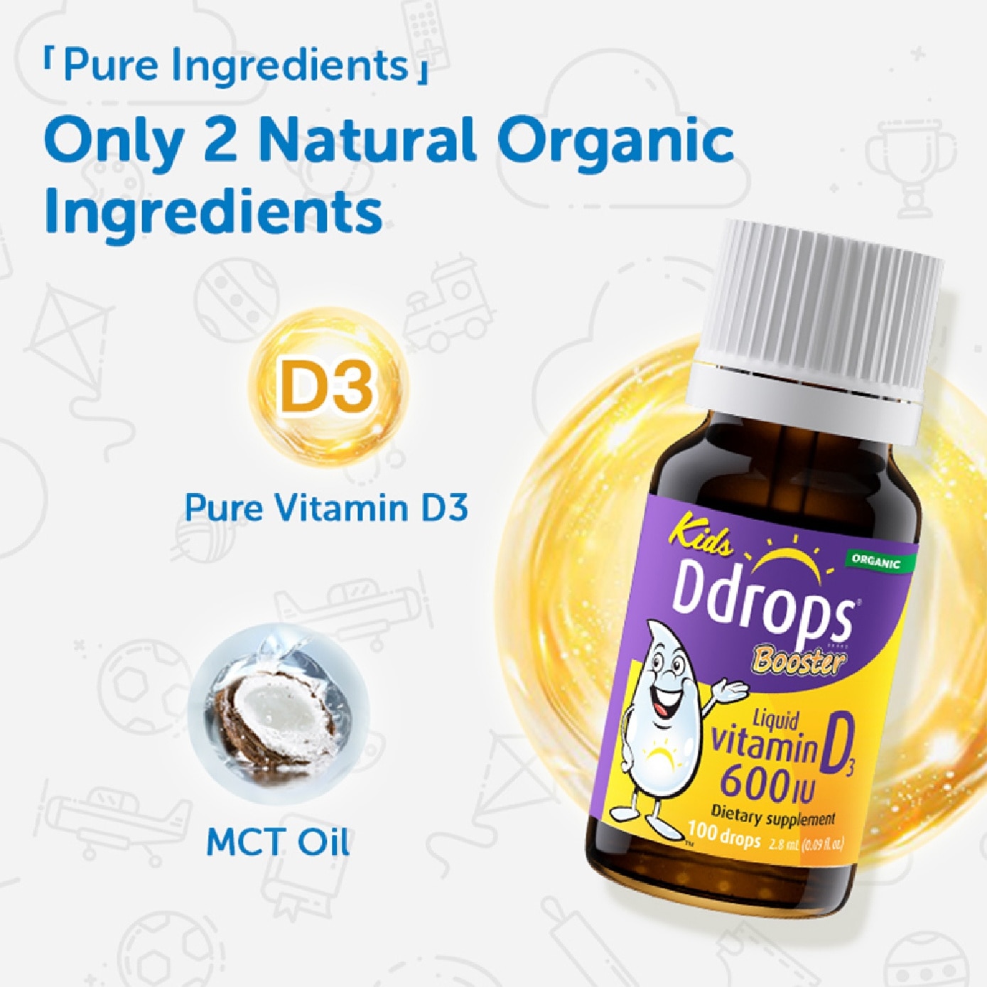 Organic Kids Vitamin D3 Booster Liquid 600 IU 100 Drops 2.8ml