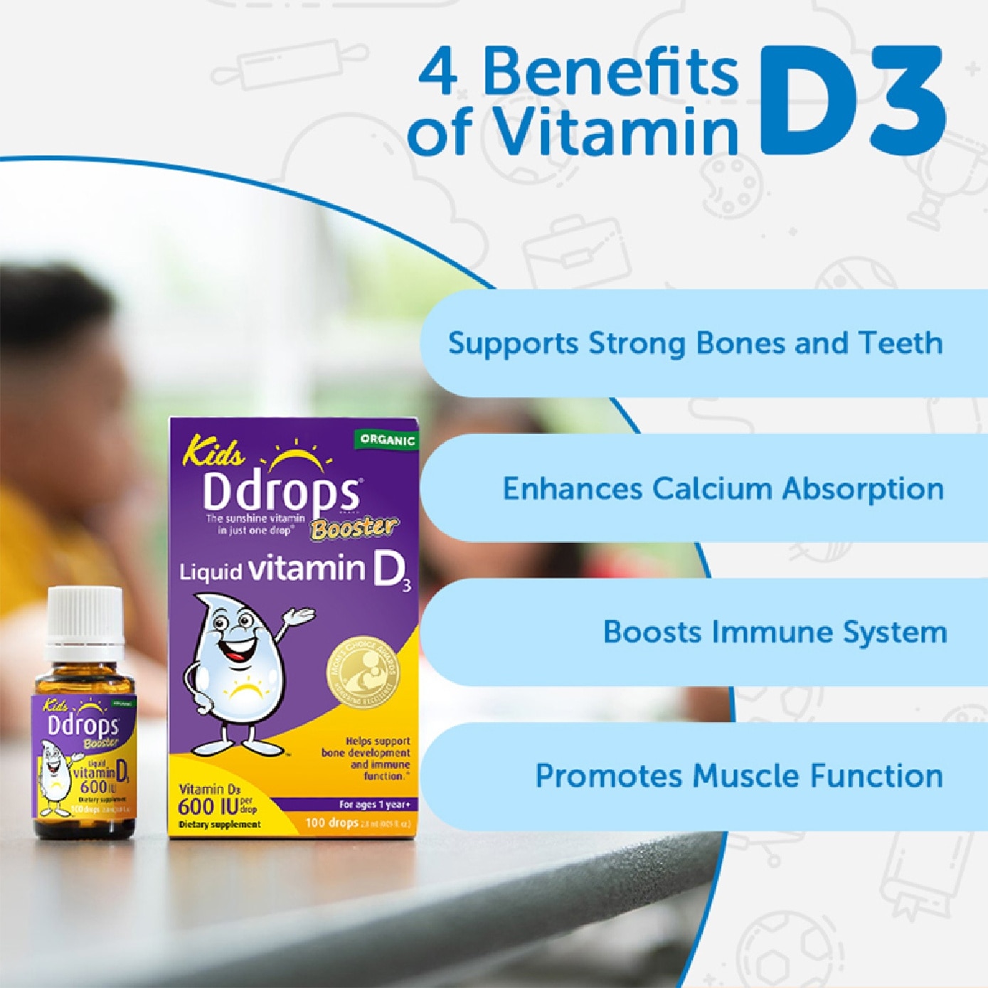 Organic Kids Vitamin D3 Booster Liquid 600 IU 100 Drops 2.8ml