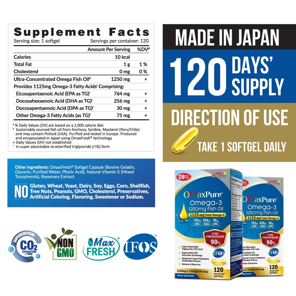 OmaxPure Omega-3 1250mg Fish Oil Dietary Supplement Softgel (For Heart, Joint, Brain, Eye, Immune & Overall Health) 120s