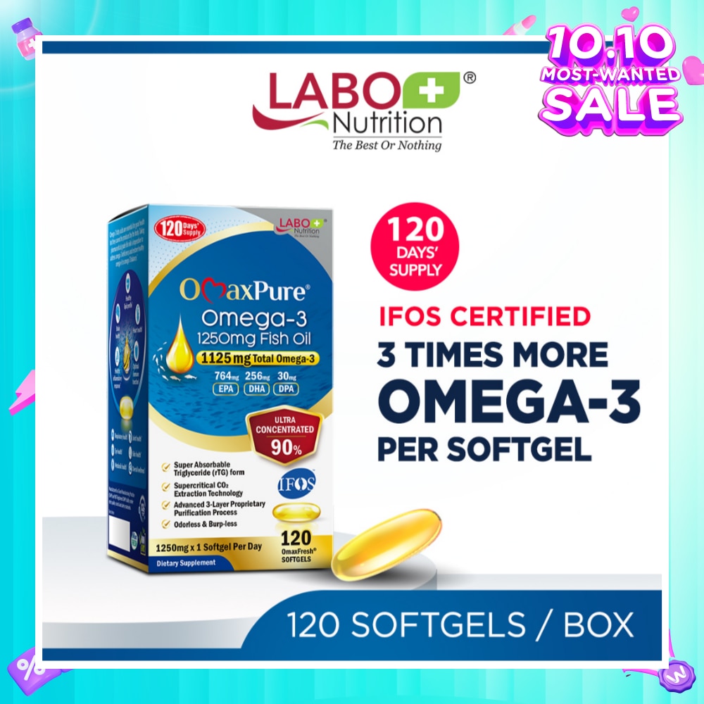 OmaxPure Omega-3 1250mg Fish Oil Dietary Supplement Softgel (For Heart, Joint, Brain, Eye, Immune & Overall Health) 120s