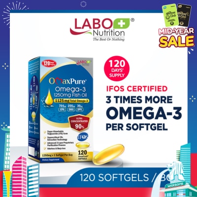 LABO NUTRITION OmaxPure Omega-3 1250mg Fish Oil Dietary Supplement Softgel (For Heart, Joint, Brain, Eye, Immune & Overall Health) 120s