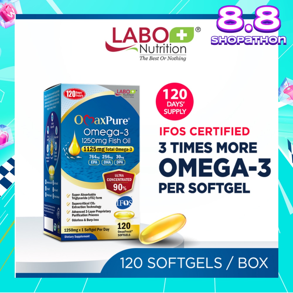 OmaxPure Omega-3 1250mg Fish Oil Dietary Supplement Softgel (For Heart, Joint, Brain, Eye, Immune & Overall Health) 120s