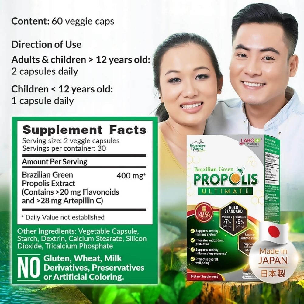 Brazilian Green Propolis Ultimate with Artepillin C & Flavonoids Veggie Capsule (Immunity, Respiratory & Antioxidant Protection) 60s image