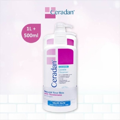 CERADAN Gentle Cleanser Packet (Gentle, Non-foaming gel, Soap-free + 3:1:1 Ceramide-dominant + For Eczema-prone, Dry & Sensitive Skin) 1L + 500ml