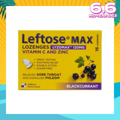 LEFTOSE Max Lozenges BlackCurrant Lozenges 120mg 16s