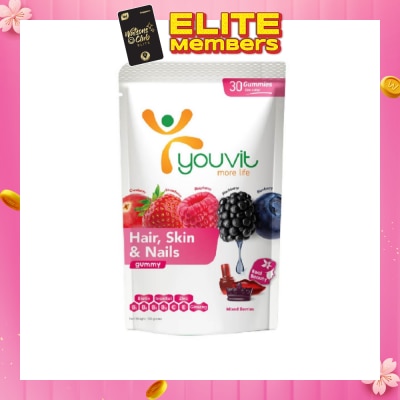 YOUVIT Hair, Skin & Nails Mix Berry Gummy (Natural Ingredients & For Everyday) 30s