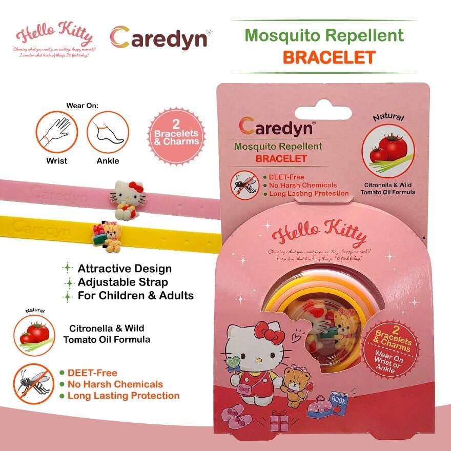 Hello Kitty Mosquito Repellent Bracelet with Charms Citronella & Wild Tomato Oil Formula 2s (per set)