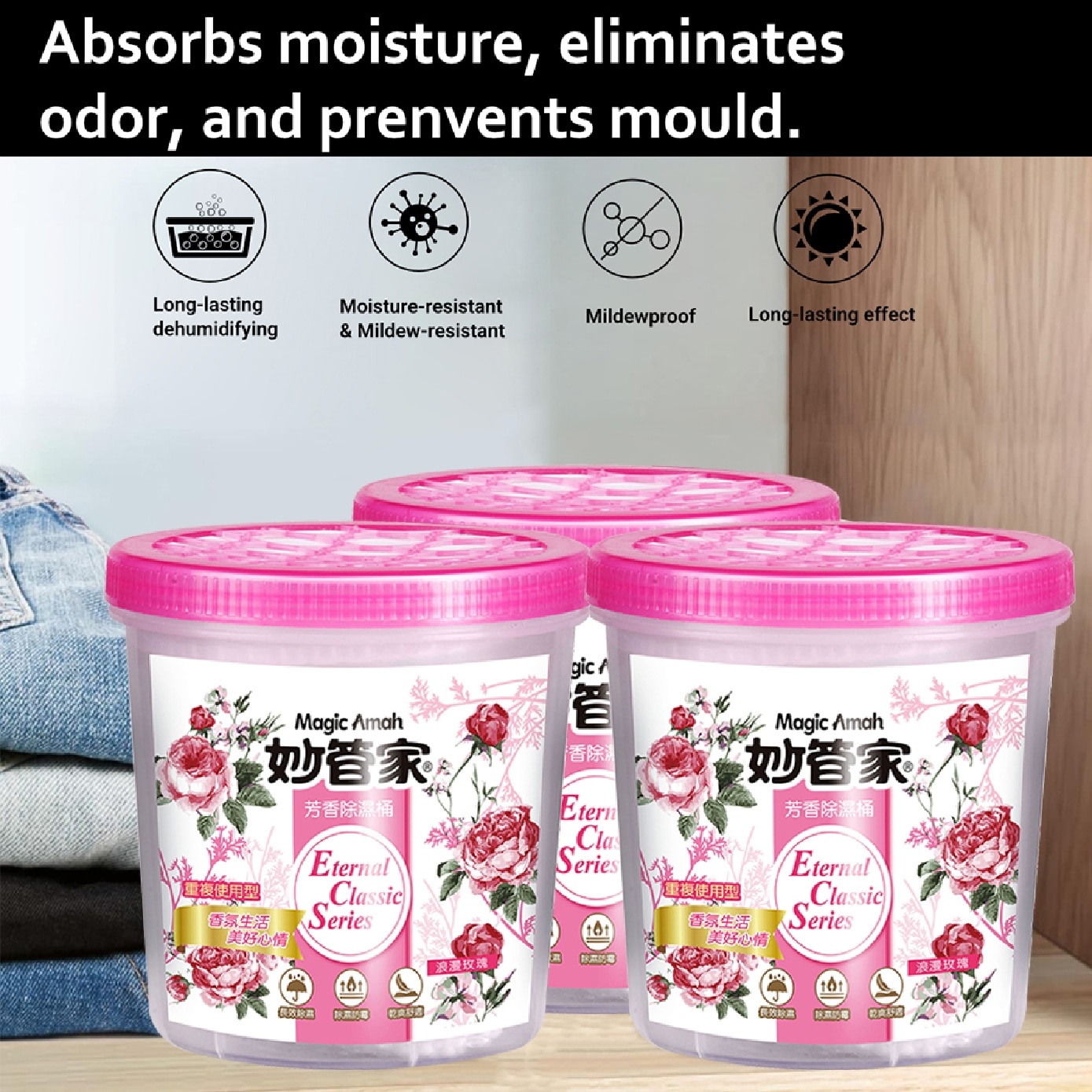 Rose Scented Moisture Absorber with Reusable Box 320g x 2s