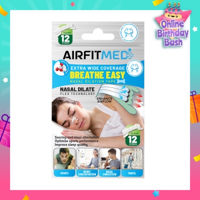 AIRFIT MEDI Extra Wide Coverage Breathe Easy Nasal Dilation Tape Clear Strip (To Improve Sleep Quality & Optimise Sports Perfomance) 12s