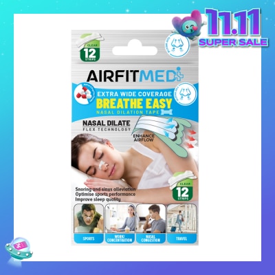 AIRFIT MEDI Extra Wide Coverage Breathe Easy Nasal Dilation Tape Clear Strip (To Improve Sleep Quality & Optimise Sports Perfomance) 12s