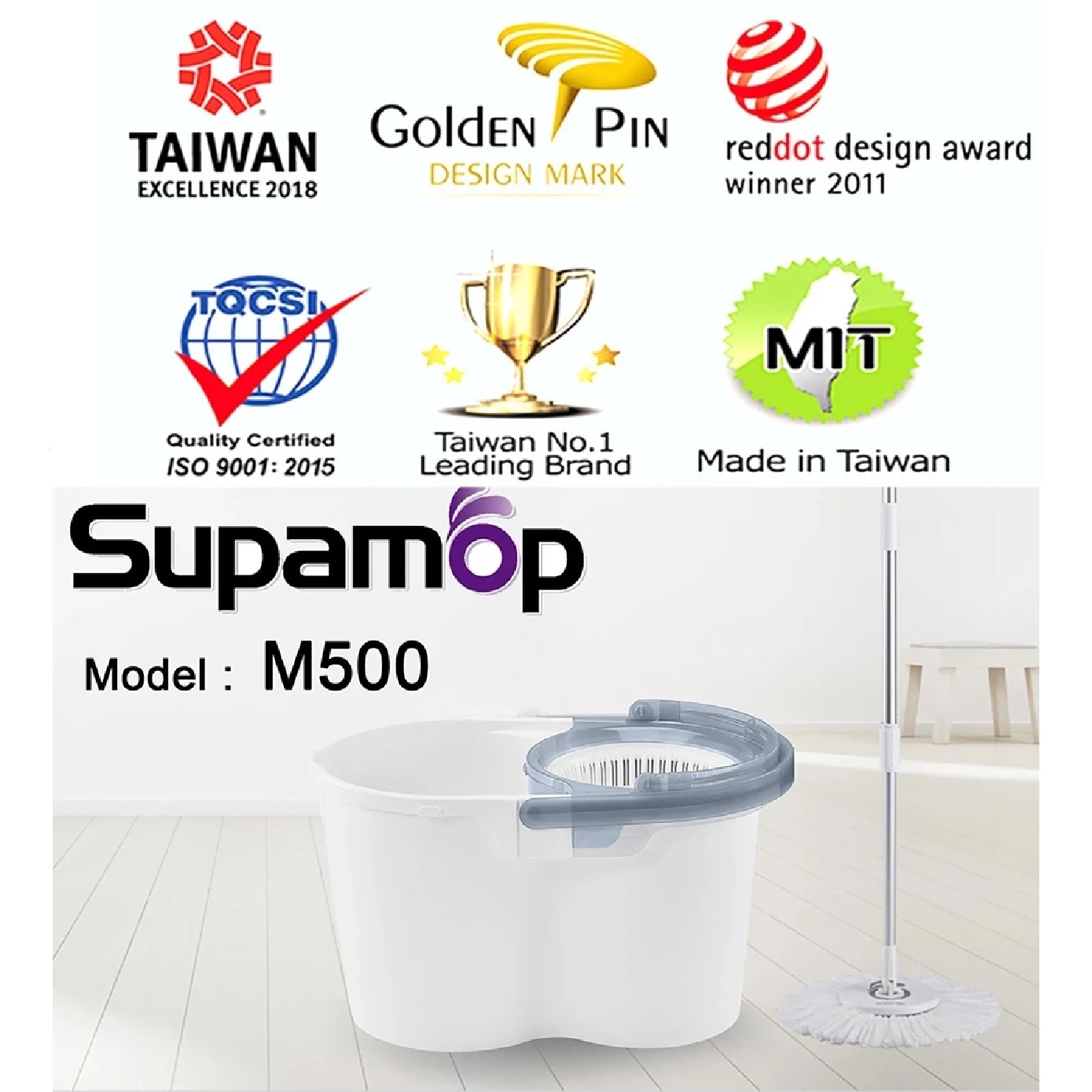 M500 White Spin Mop Set (Spin bucket, Hand Press Handle, 3 Standard Mop Heads, Warranty Card) 1s